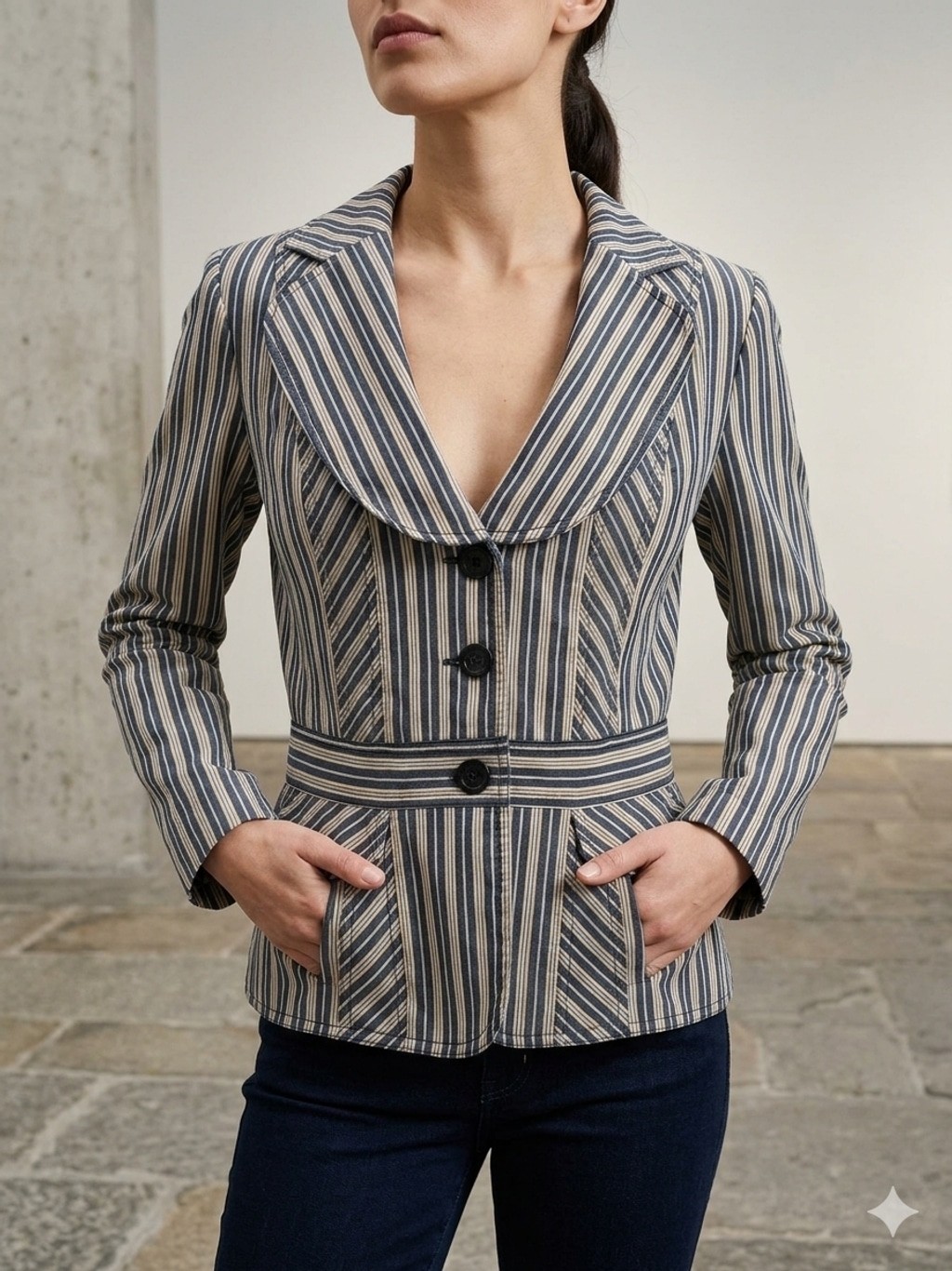 Bianca Nygard Vintage Striped Tailored Blazer Wide Shawl Lapel Waist Band 2077