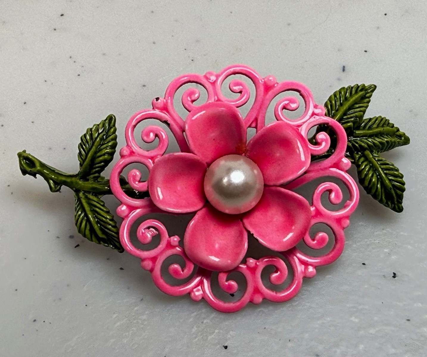 Vintage Pink Enamel Flower Brooch Mod Pearl Leaf 1960s Retro Pin