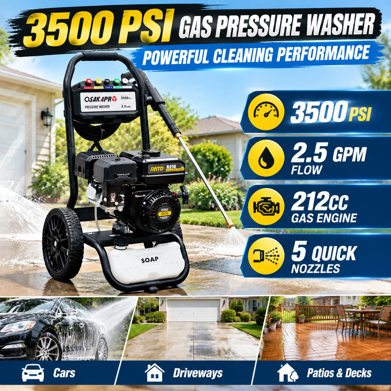 Gas Powered Pressure Washer 3500 PSI 2.5 GPM 212CC Engine 5 Spray Tips