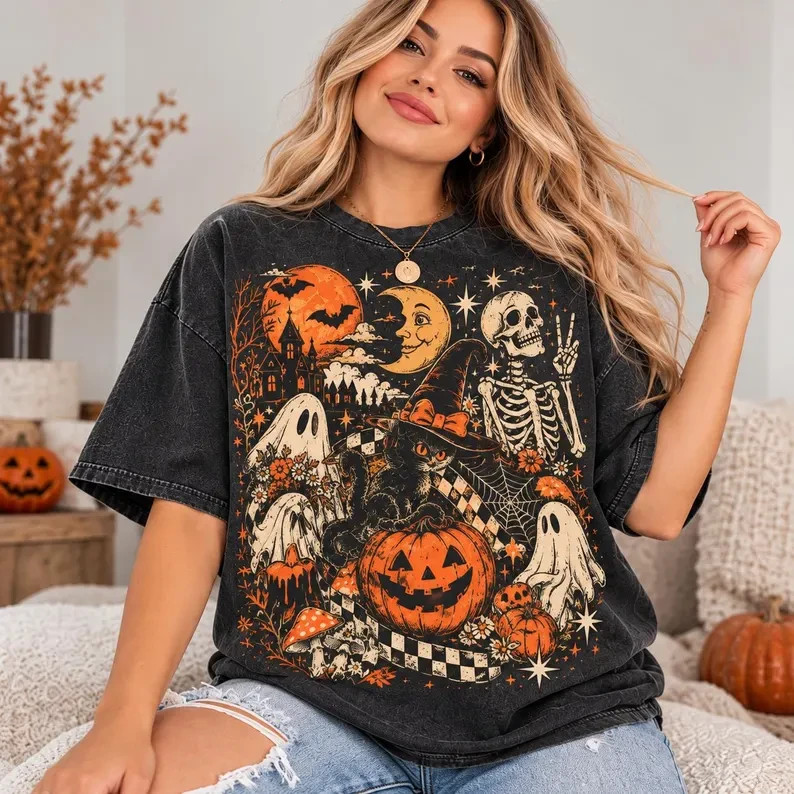 Retro Halloween Shirt, Vintage Black Cat Ghost Skeleton T Shirt