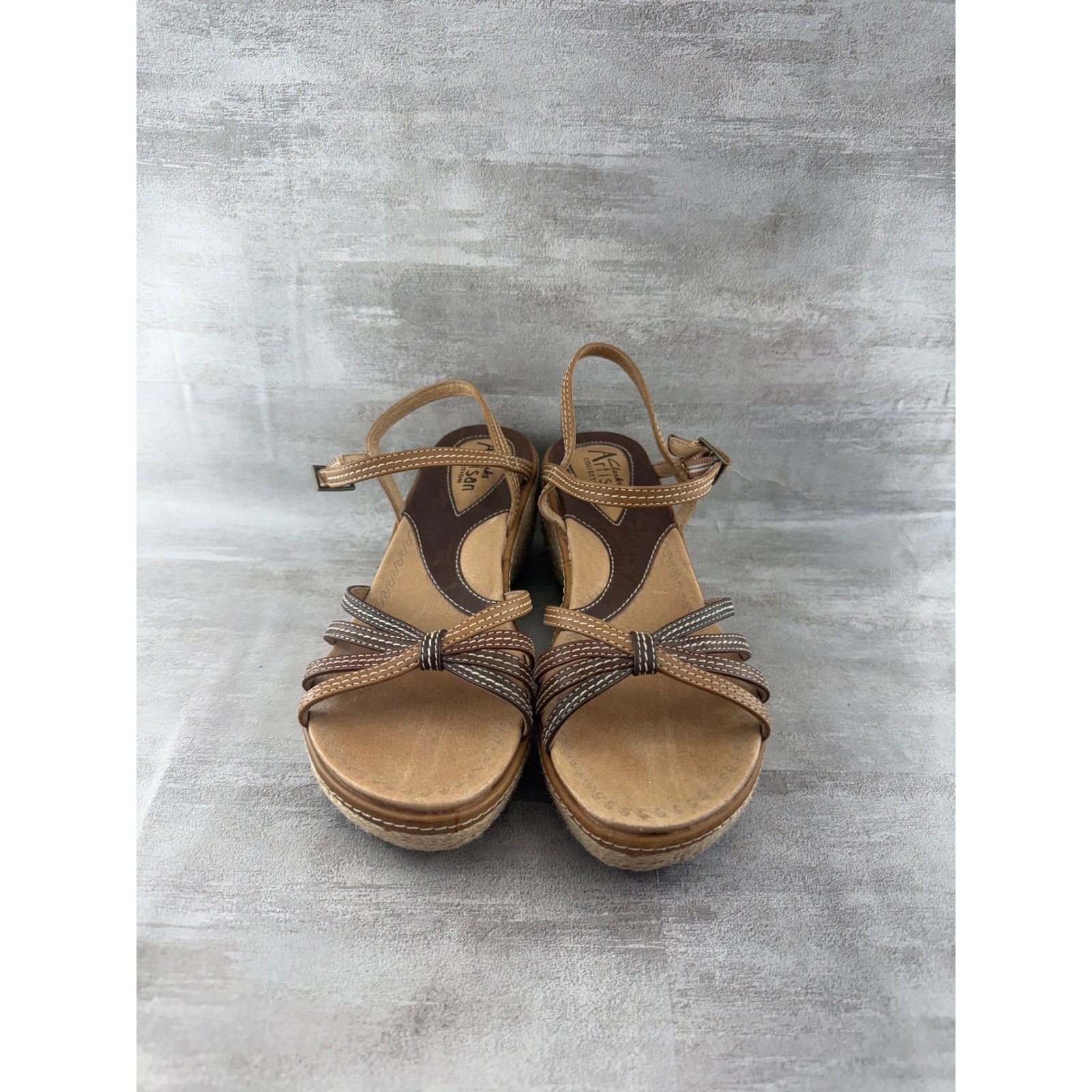 Clarks Artisan Tan Brown Leather Strappy Espadrille Wedge Sandals Women Sz 6.5M
