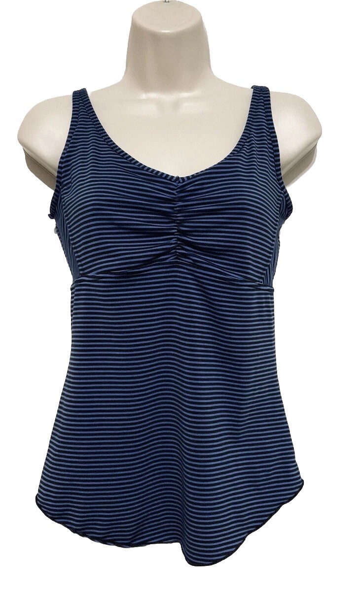 PrAna small yoga/ Pilates filament strappy tank top blue black stripe logo