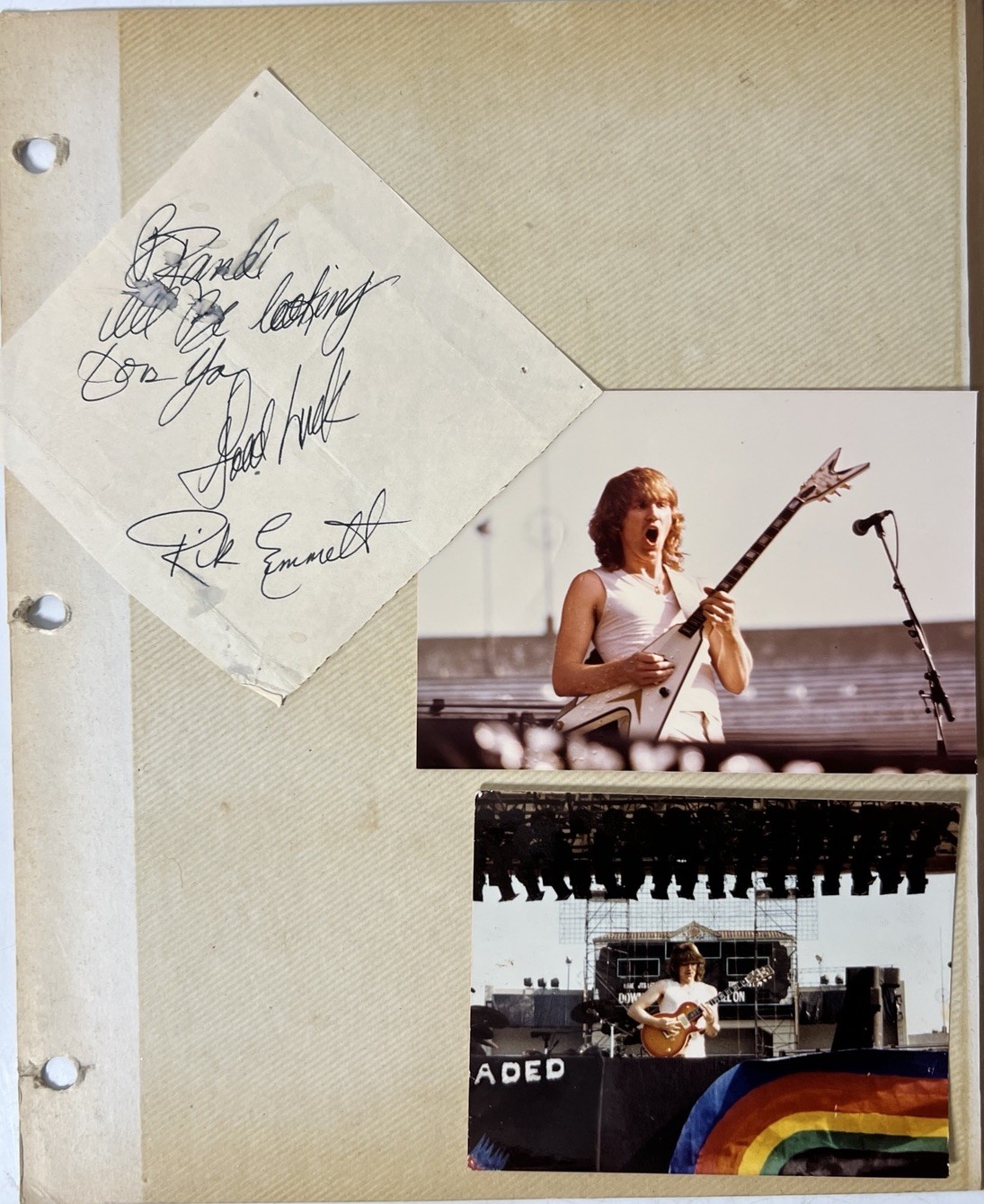 Vintage Rick Emmett Concert Photos with Handwritten Signed Note Rock Memorabilia