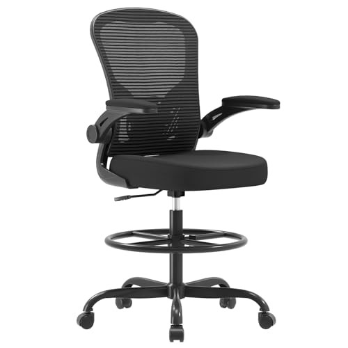SYNORLA ERGONOMIC DRAWING CHAIR, HIGH OFFICE CHAIR WITH FLIP-UP -  BLACK
