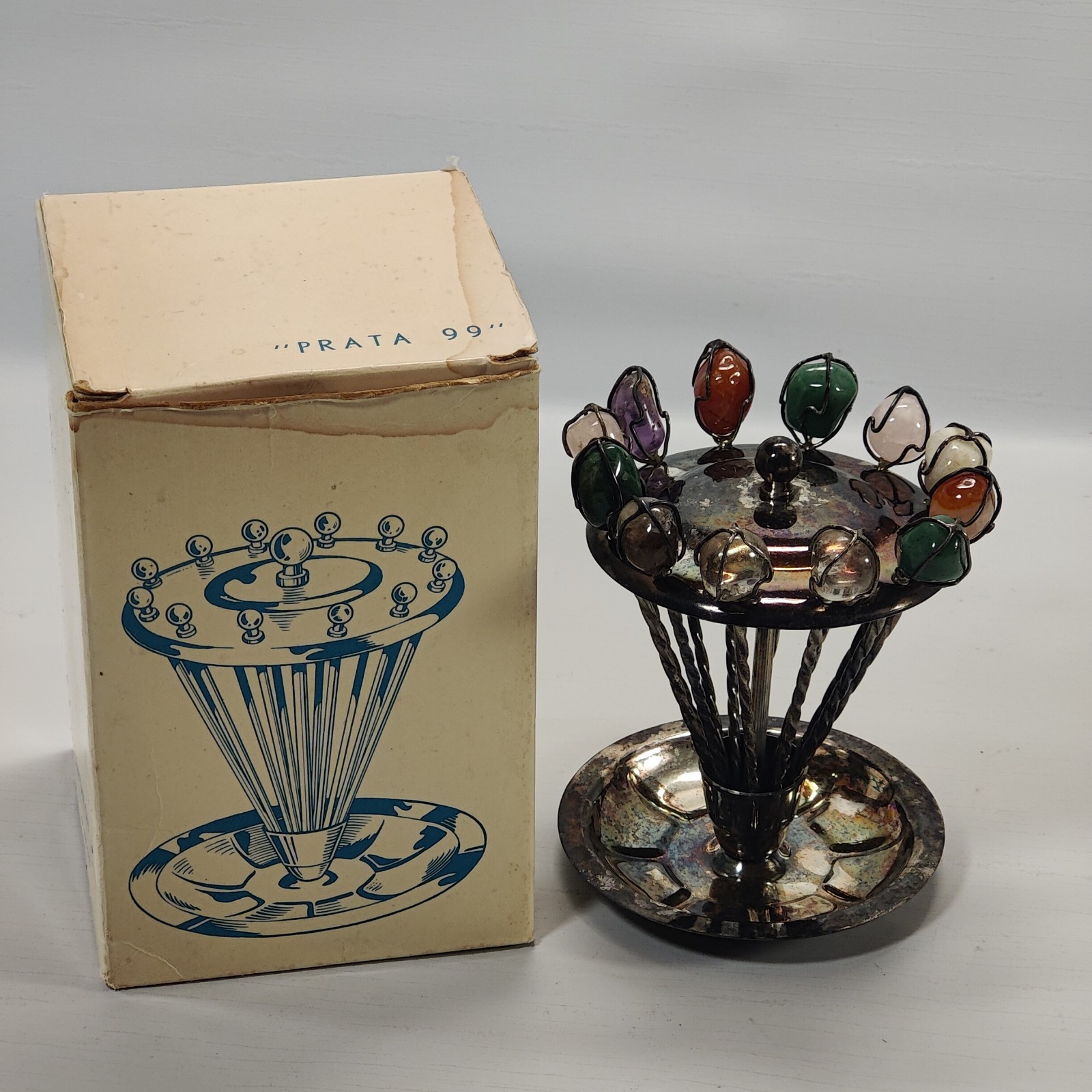 Vtg Mid Century 12 Cocktail Pick Holder Set Silver Plate Gemstone Prata 99 w/Box