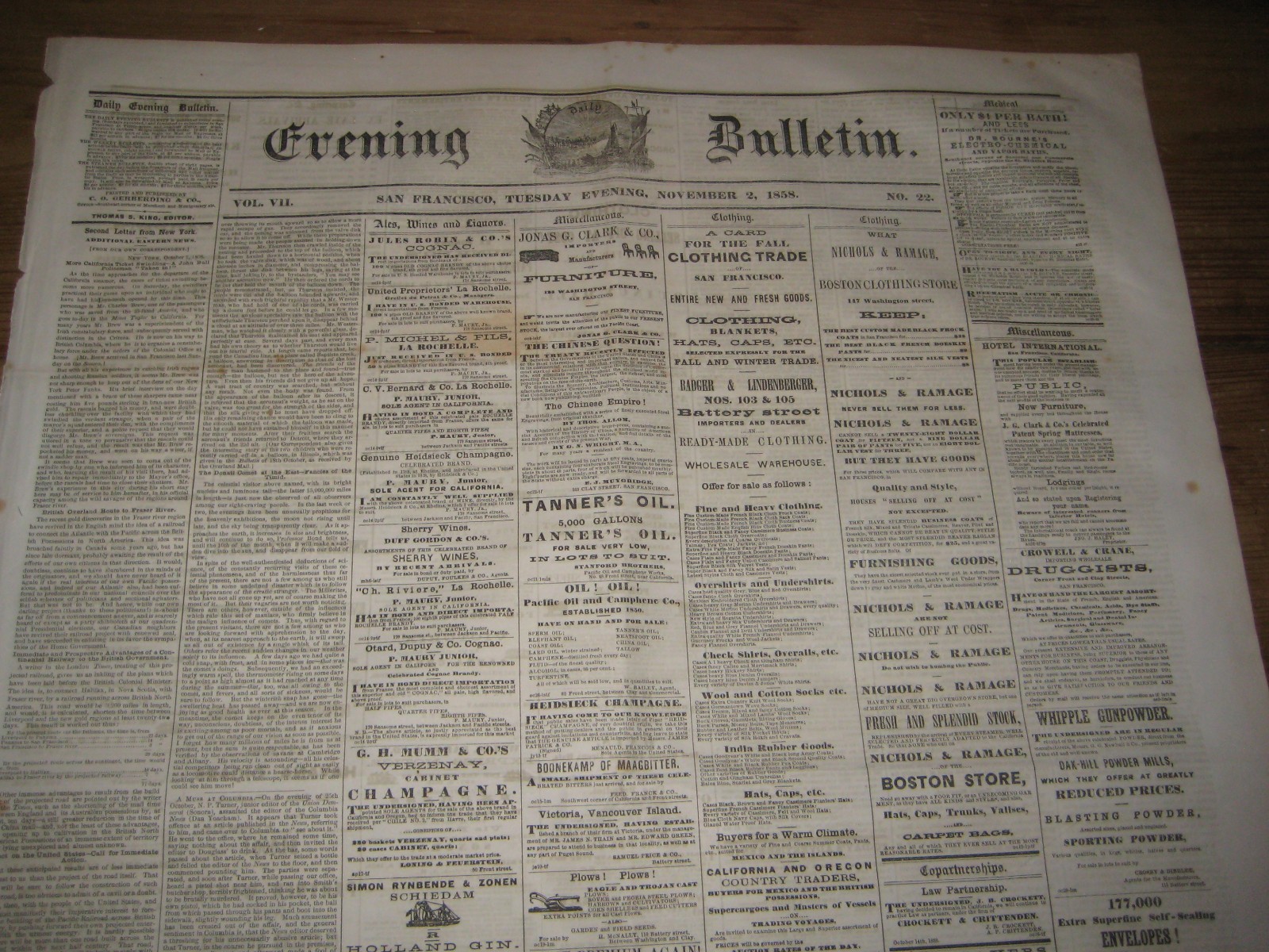 1858 San Francisco Newspaper, Railroad To Fraser River Gold, Daguerrean Gallery 1858 San Francisco Newspaper, Railroad To Fraser River Gold, Daguerrean Gallery
