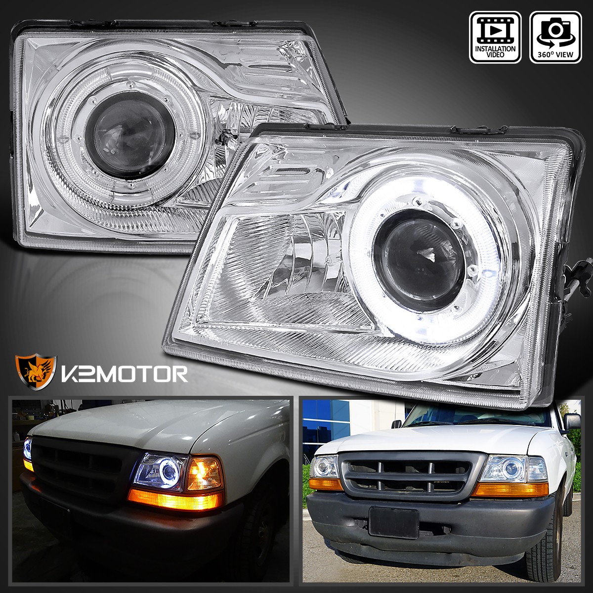 Fits 1998-2000 Ford Ranger LED Halo Projector Headlights Headlamps Left+Right