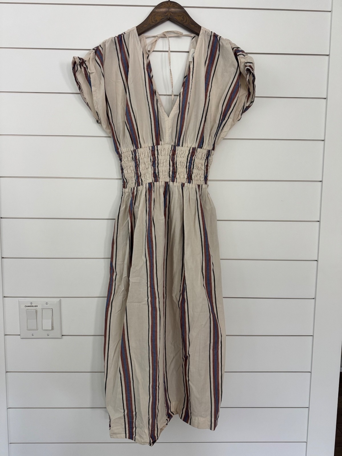 LOFT Beach Striped Midi Dress with Smocked Waist in XXS