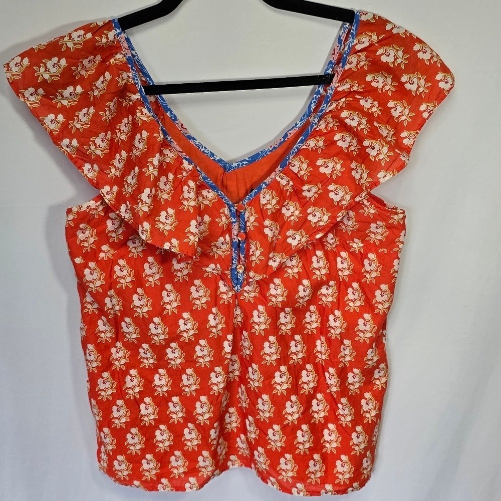 J. Crew Ruffle V Neck Ditsy Floral Top Red White Blue Summer Sleeveless, Sz XS