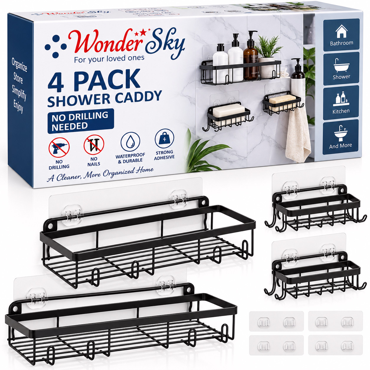 4 Pack Shower Caddy Organizer Wall Mount No Drill Stainless Steel Adhesive Black