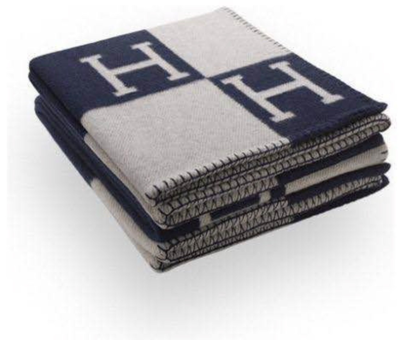 RARE - HERMES AVALON THROW - CASHMERE ECRU WOOL BLANKET THROW BLUE NAVY FAST ✅ 