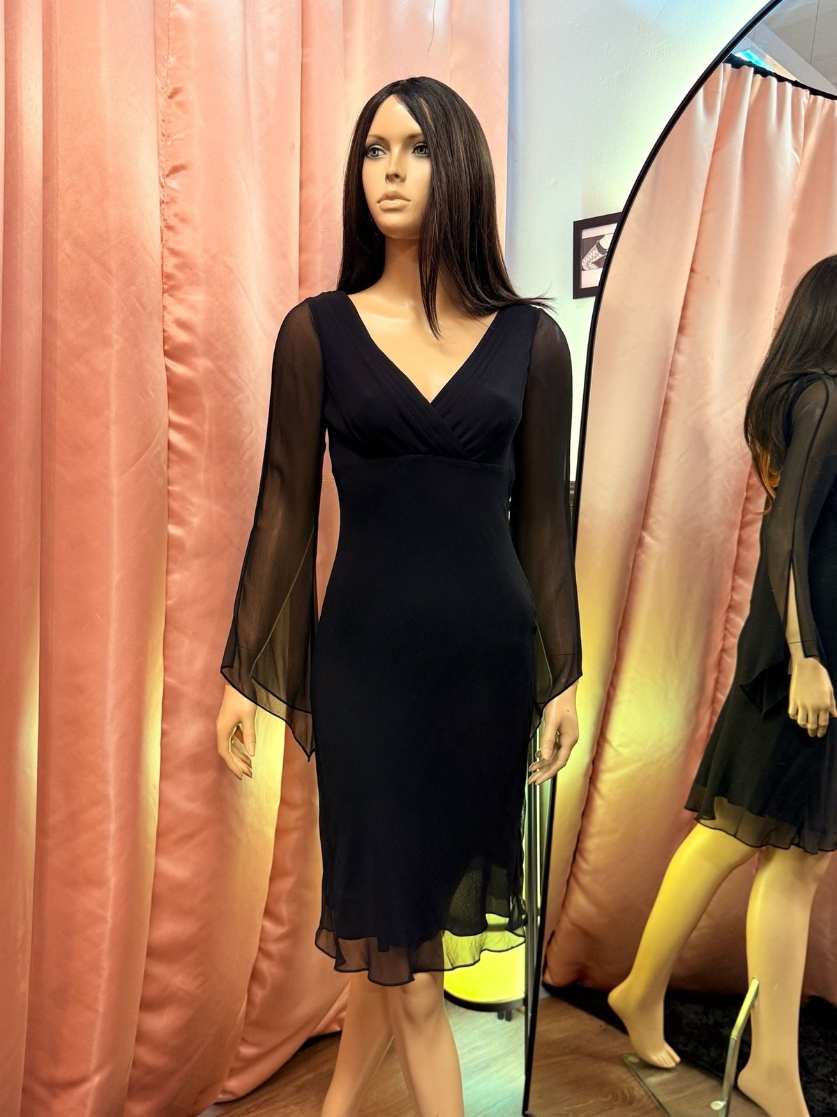 BCBG Max Azria Silk Chiffon Dress Black Sheer Cap Sleeve V-Neck Midi
