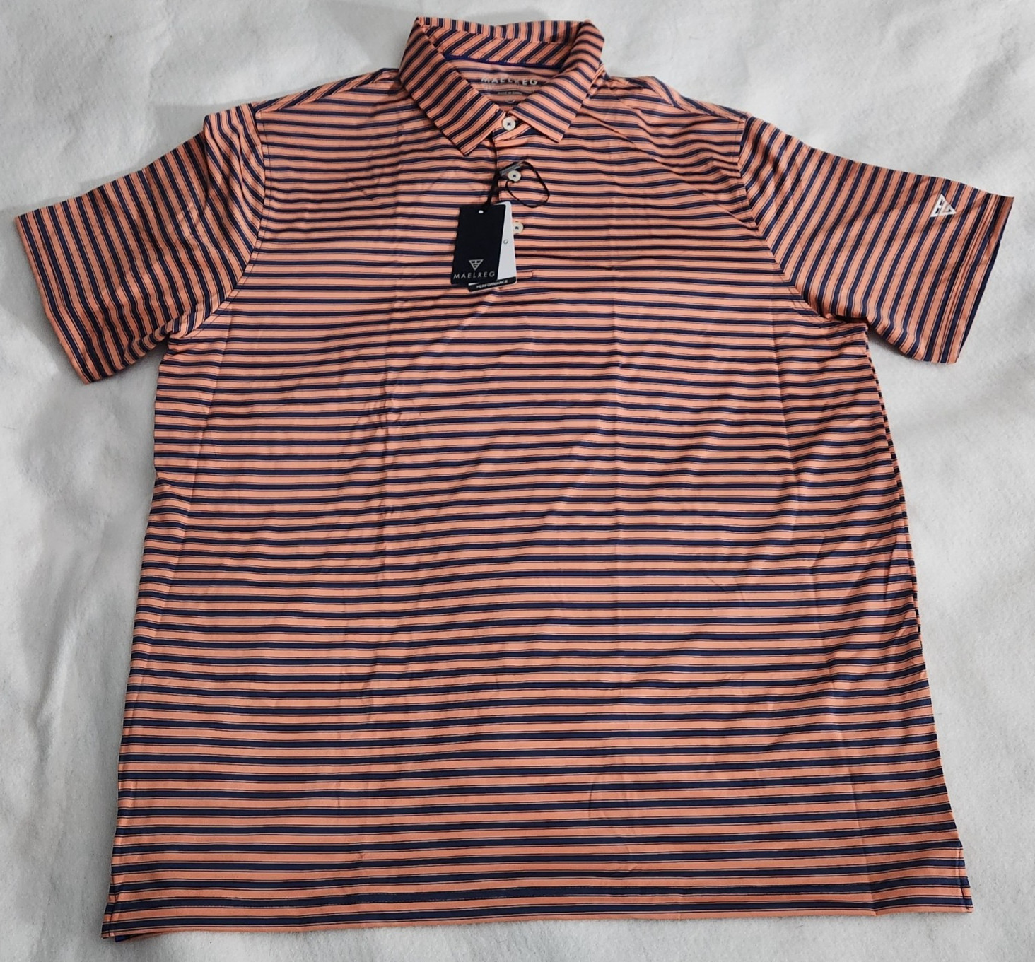 Maelreg Performance Polo Golf Shirt Mens Striped Orange Dark Blue XL NWT Maelreg Performance Polo Golf Shirt Mens Striped Orange Dark Blue XL NWT