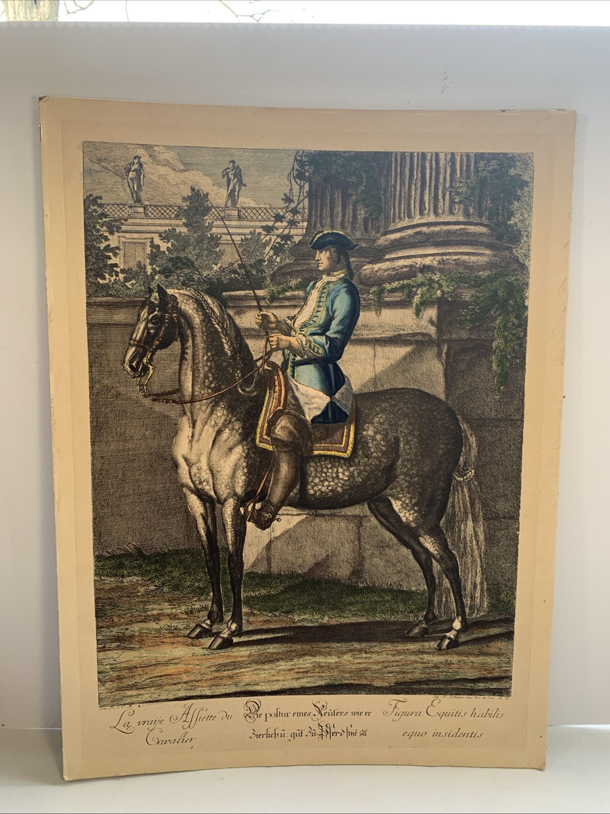 1700s Johann Elias Ridinger Hand Colored Copper Engraving True Seat of the Rider