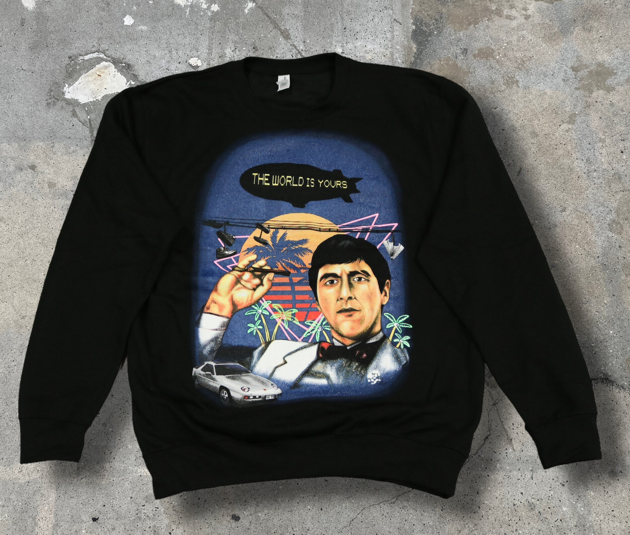 NWOT SCARFACE TONY MONTANA LARGE BLACK CREW NECK THE WORLD IS YOURS SWEAT SHIRT