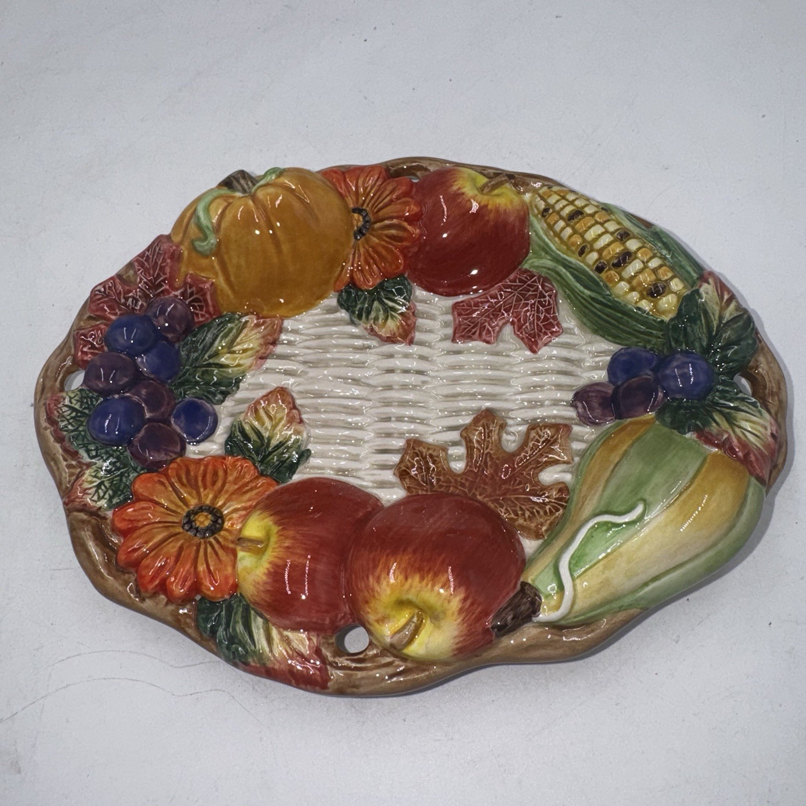 Vtg Fitz & Floyd Autumn Bounty Oval Ceramic Wall Plaque Fruit Harvest