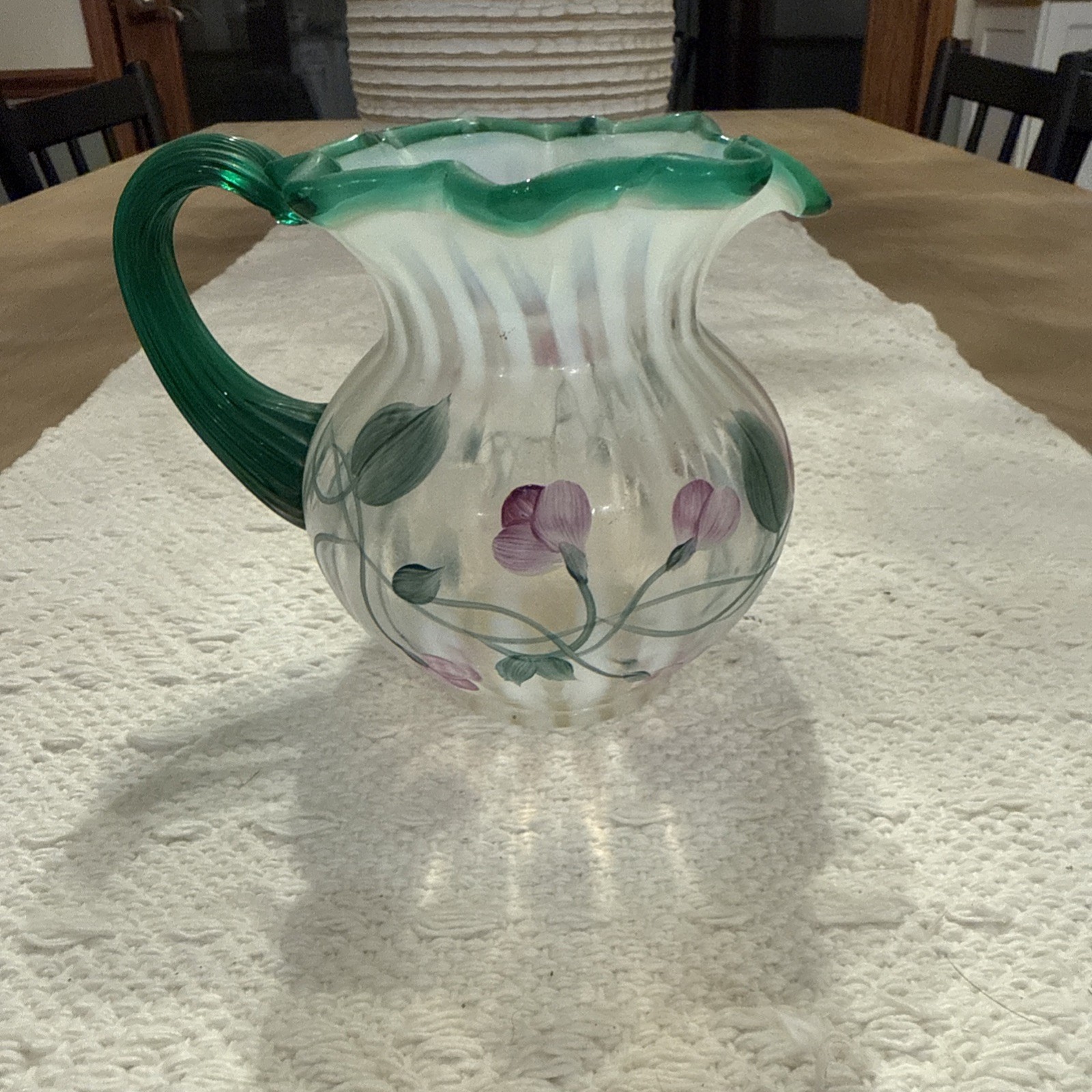 Fenton Green Garden Delight French Opalescent Spiral Optic Small Pitcher RARE Fenton Green Garden Delight French Opalescent Spiral Optic Small Pitcher RARE