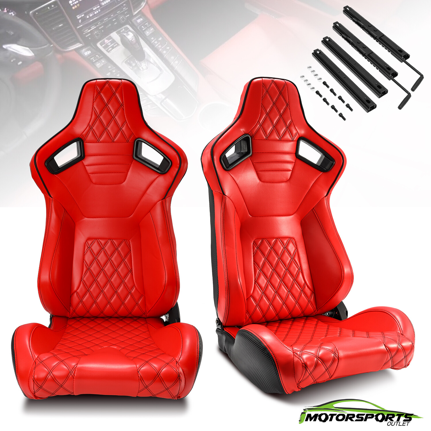 Red PVC Leather Rear Black Carbon Fiber Sport Racing Seats W/Slider Left/Right