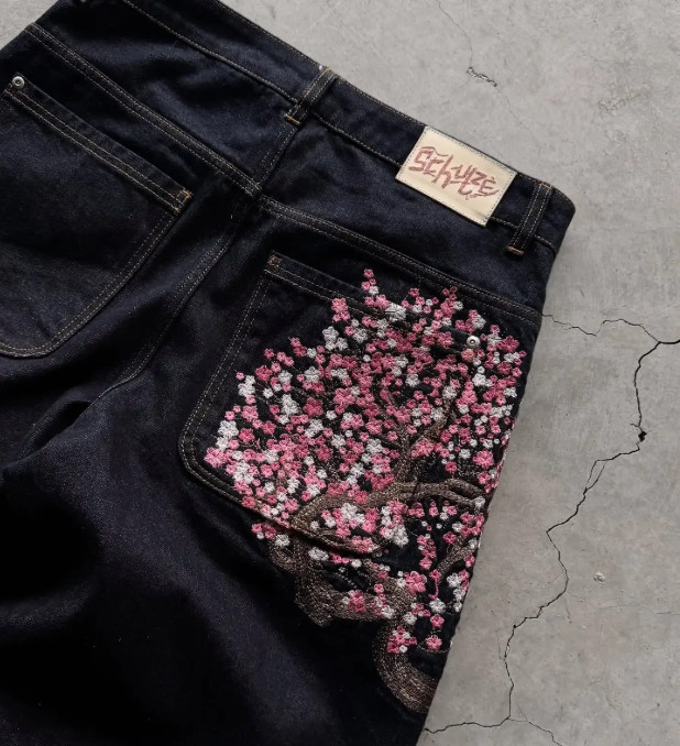 Derschutze Patchwork Cherry Blossom Embroidery Denim Pants Vintage Baggy jeans