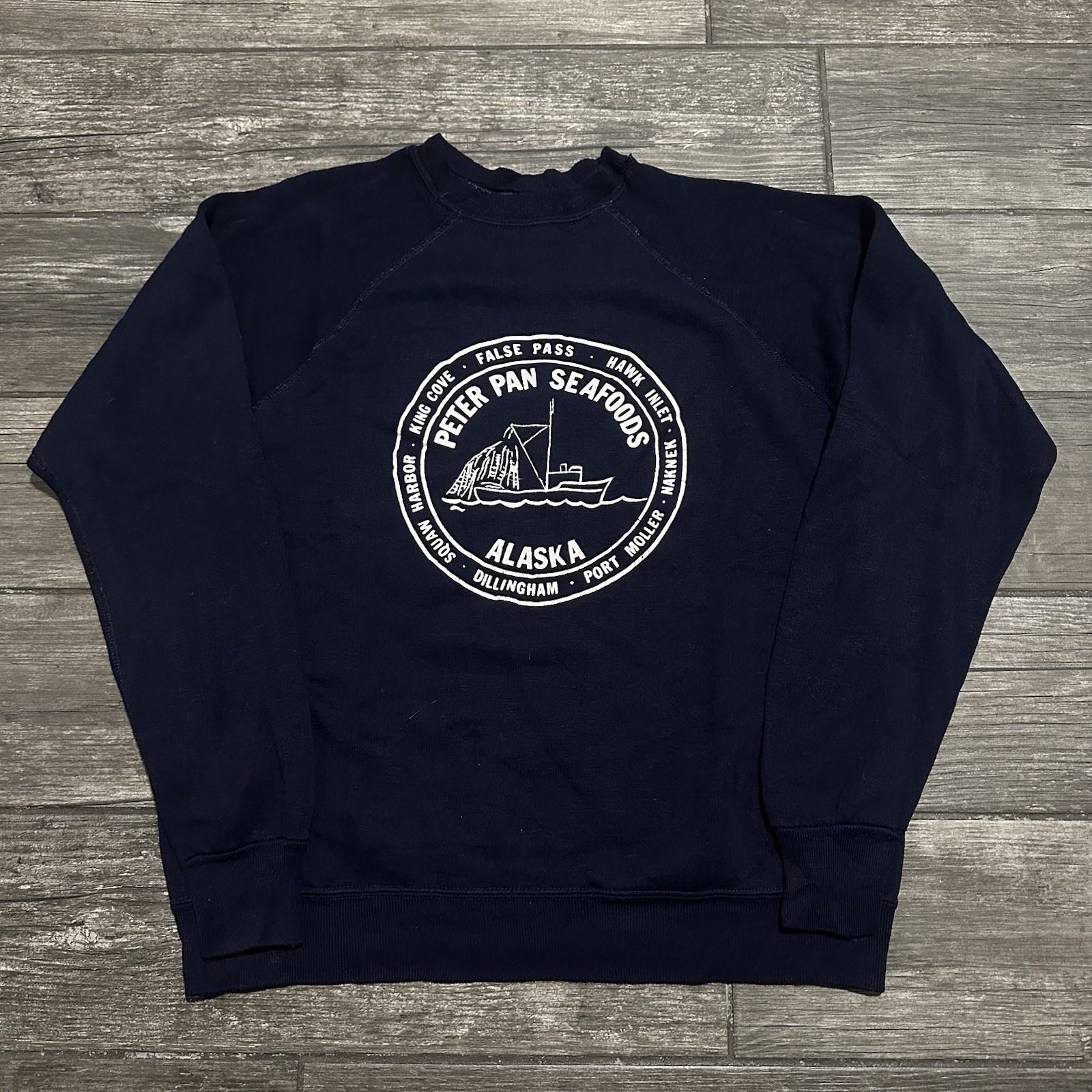 VTG 60s PETER PAN SEAFOODS ALASKA BLUE CREWNECK SWEATSHIRT FITS SZ L