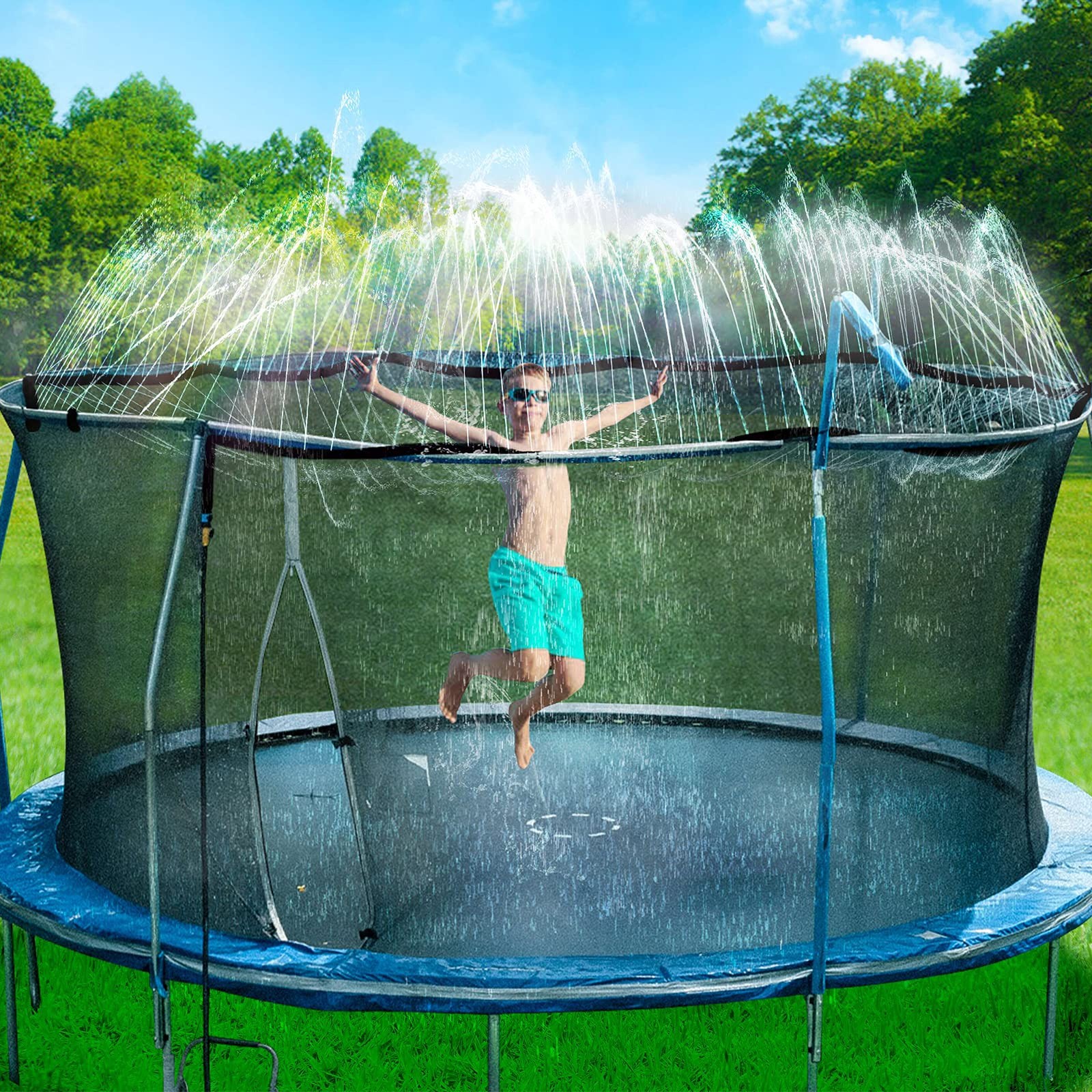 Trampoline Sprinklers for Kids - Outdoor Summer Water Toys, 39ft Spray Park Fun