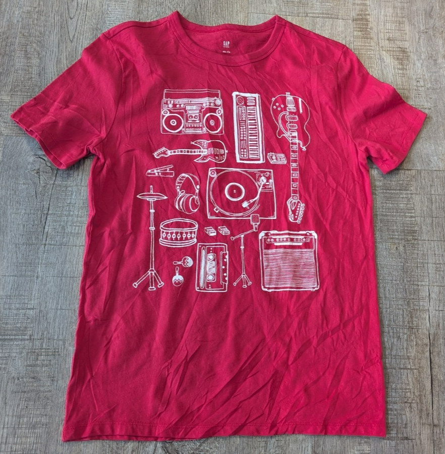 GAP Kids XXL Red Graphic T-Shirt Musical Instrument Collage Print Music Crew GAP Kids XXL Red Graphic T-Shirt Musical Instrument Collage Print Music Crew