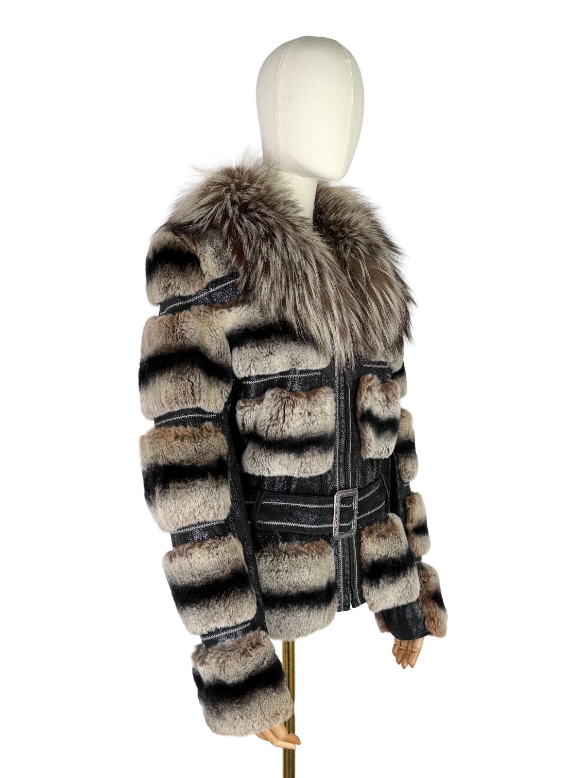 Vintage Real Leather Fur Coat Striped Fur Trim Belted Women’s Size L