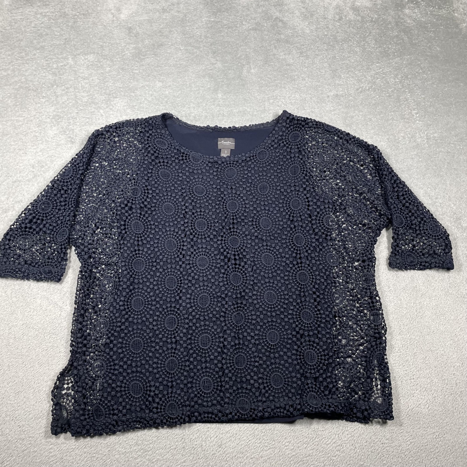 Travelers By Chico\'s Blouse Womens 1 Blue Crochet 3/4 Sleeve Lined Relaxed Fit