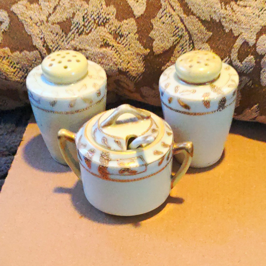 Nippon Hand Painted Porcelain Salt & Pepper Shakers Set w Lidded Jar Spoon TS