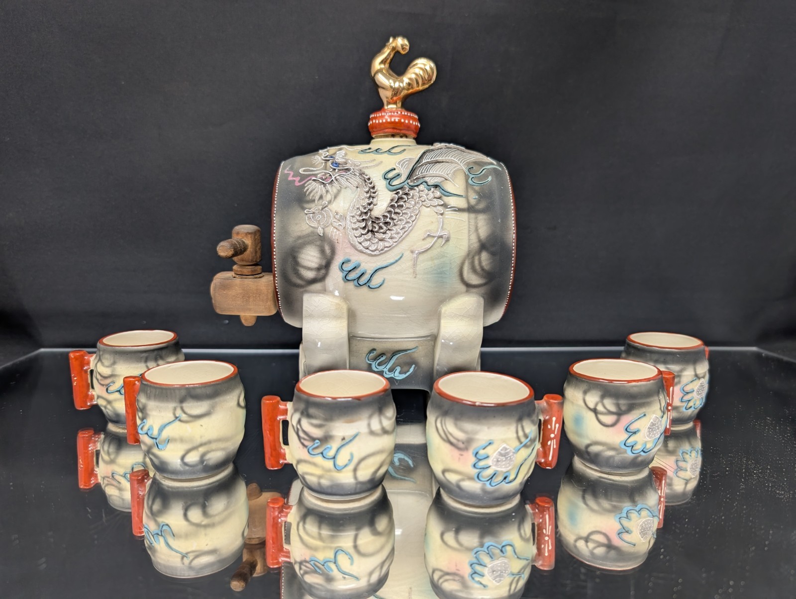RARE SET Porcelain Keg SAKE Decanter & Cups MORIAGE Japan DRAGONWARE Vintage