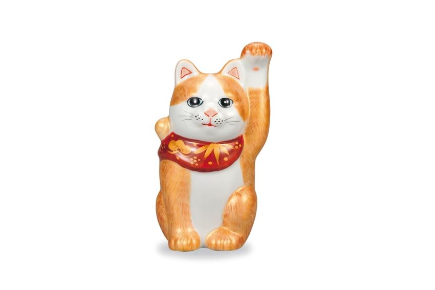 Marusan Miyamoto Kutani Ware No. 4 Maneki-Neko (Beckoning Cat) With Gold Leaf A_
