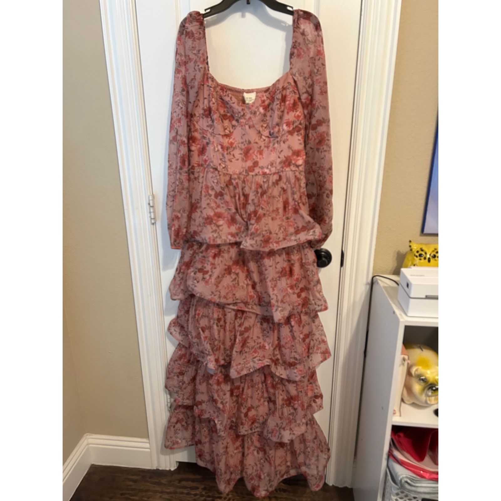 If by Sea Long Sleeve Chifon Tiered Maxi Floral Dress Large