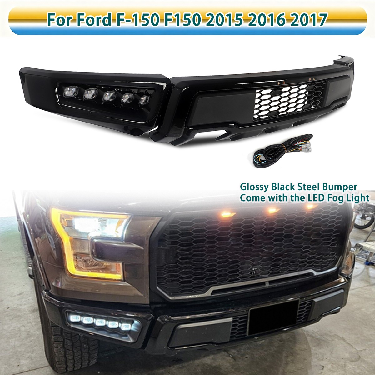 Glossy Black Raptor Style Front Bumper W/LED DRL For Ford F150 F-150 2015-2017