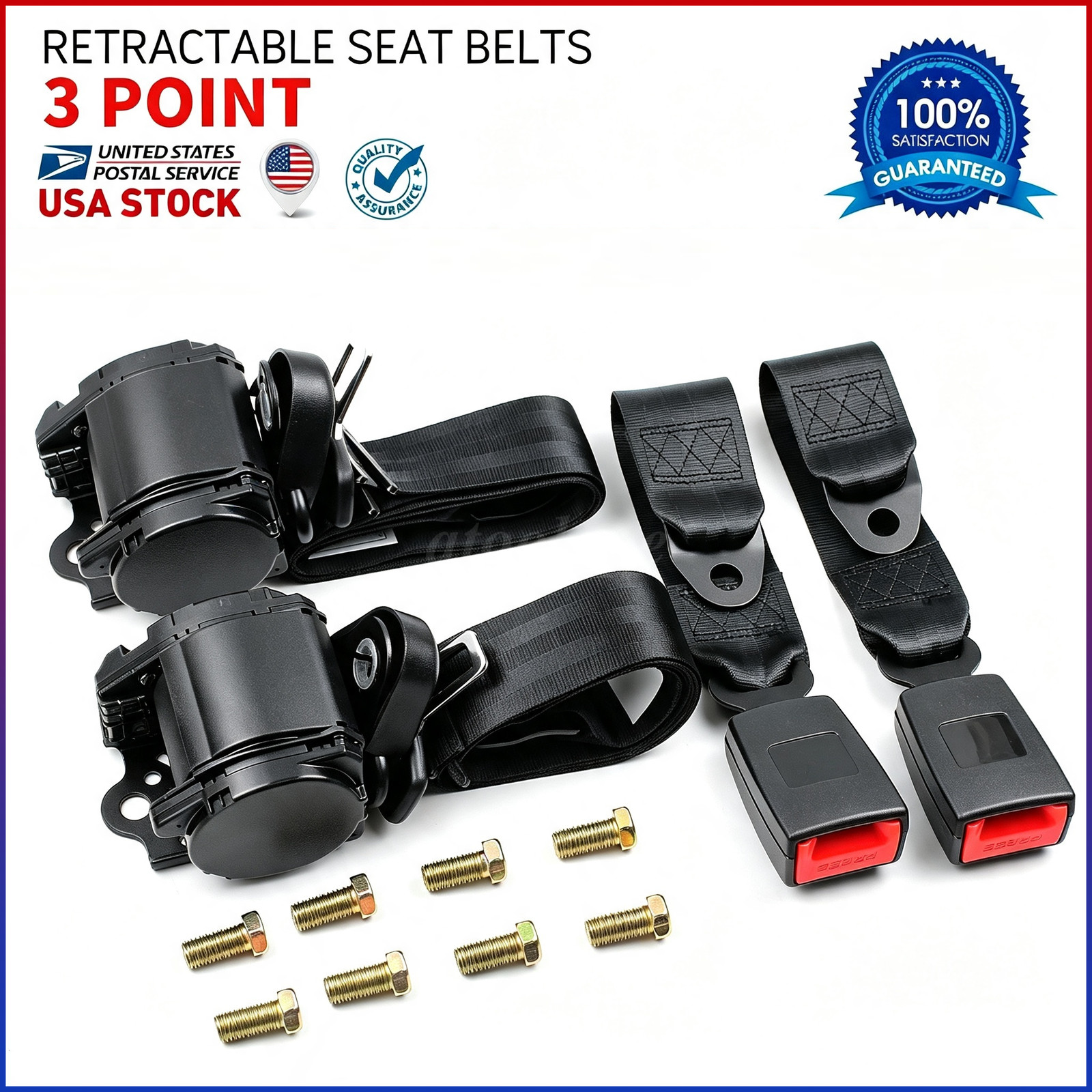 3 Point Retractable Seat Belt 2 Pack Front Driver Passenger Side Pair Black 3 Point Retractable Seat Belt 2 Pack Front Driver Passenger Side Pair Black