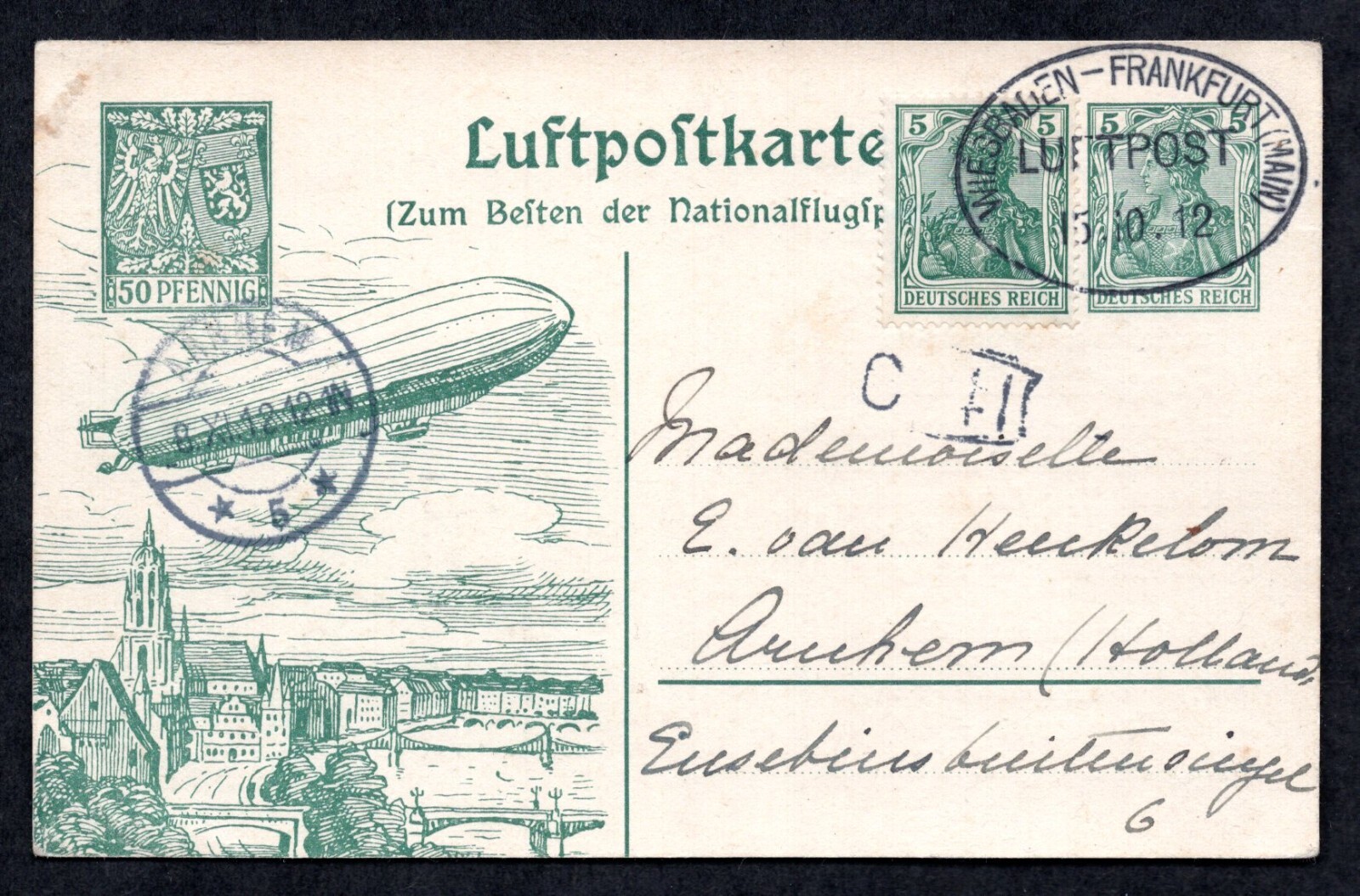 Germany 1912 Zeppelin Air Mail Early Flight Wiesbaden To Frankfurt October 15