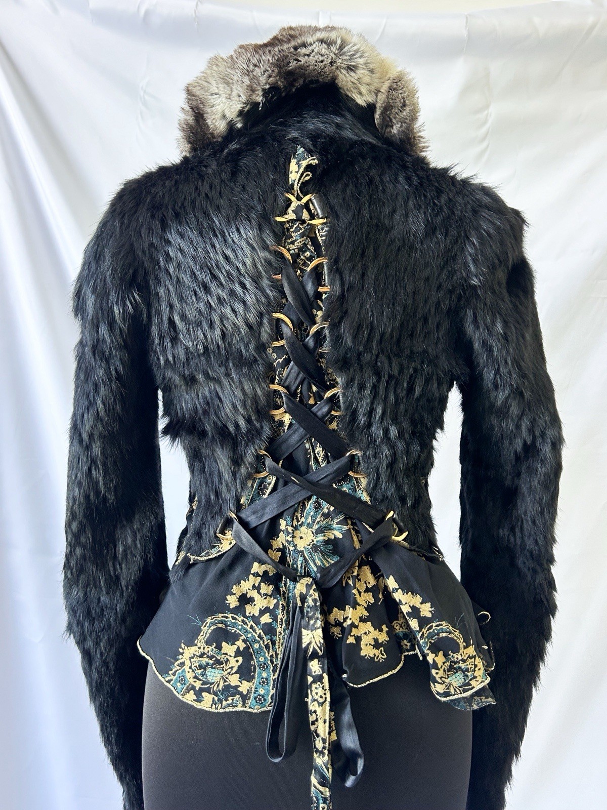 Vintage Roberto Cavalli Black Lapin & Chinchilla Fur Silk Corset Jacket, Rare