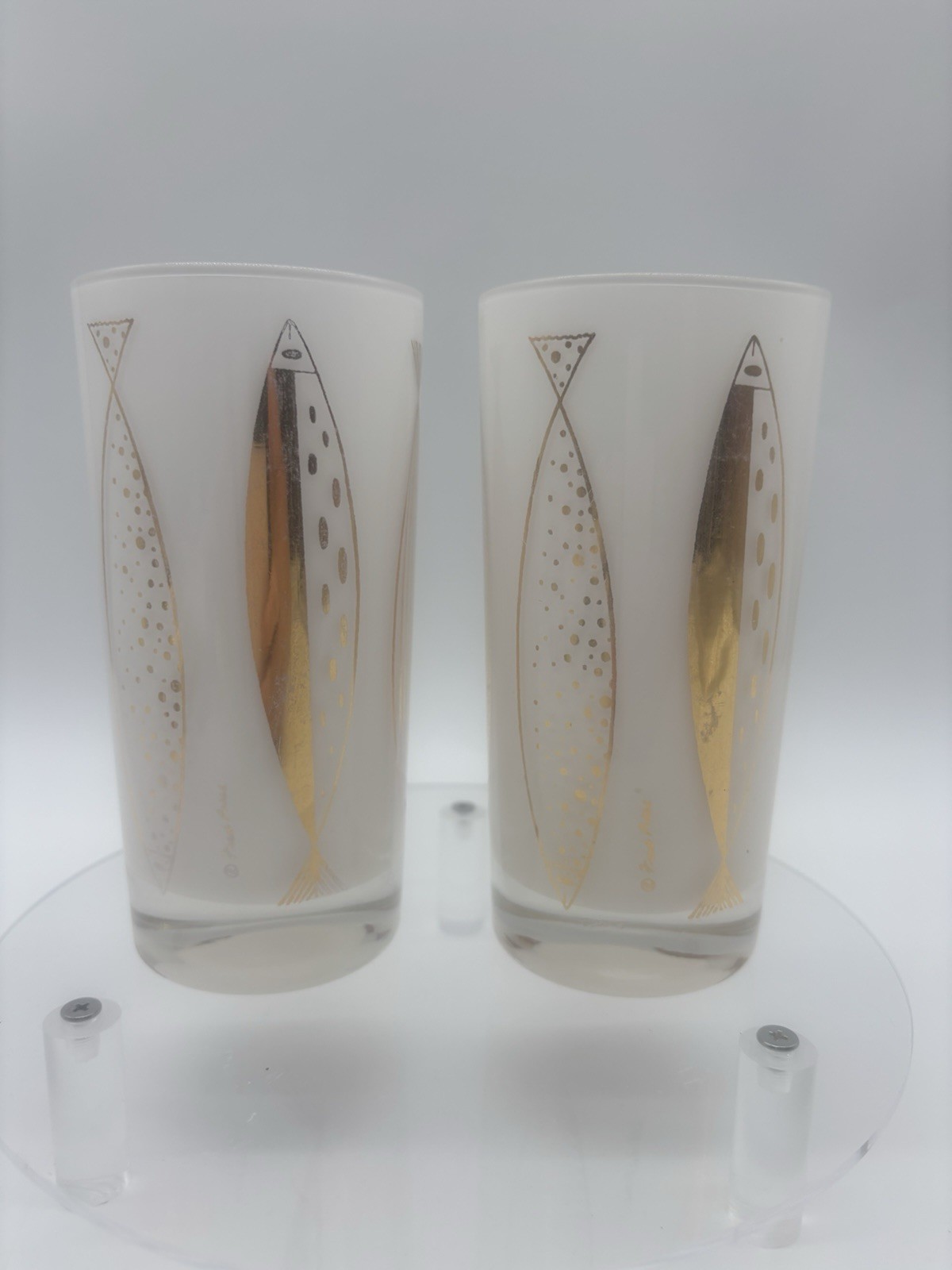 Vintage Fred Press Atomic Fish Collins Glasses White Cased Gold MCM - Pair of 2 Vintage Fred Press Atomic Fish Collins Glasses White Cased Gold MCM - Pair of 2