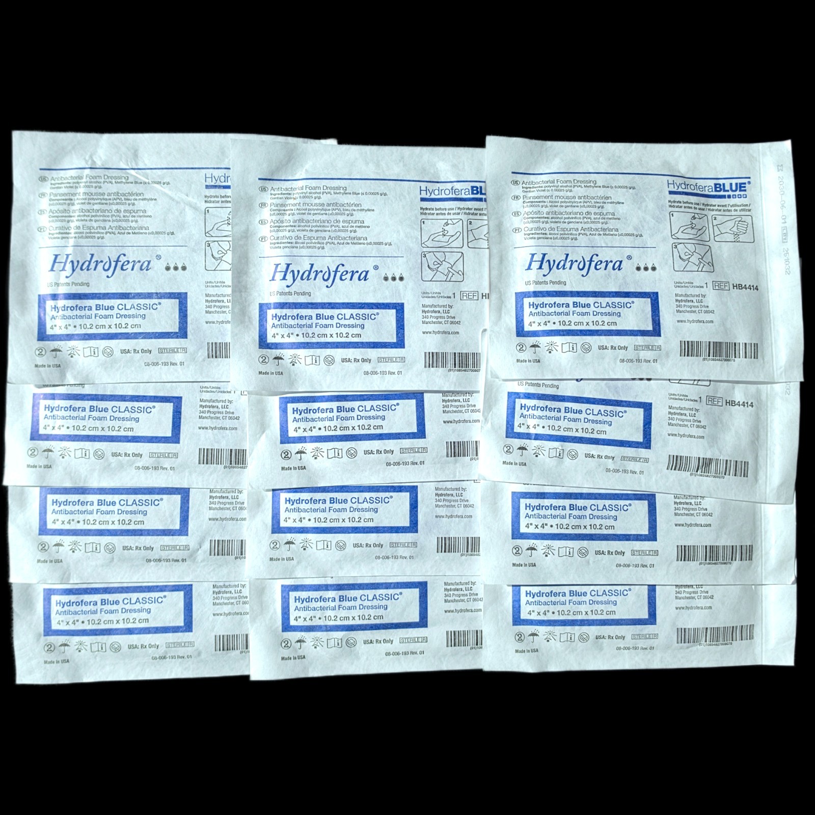 Hydrofera Blue Classic 4 x 4 Foam Dressings LOT OF 12 HB4414 Exp 2030 Wound Care Hydrofera Blue Classic 4 x 4 Foam Dressings LOT OF 12 HB4414 Exp 2030 Wound Care