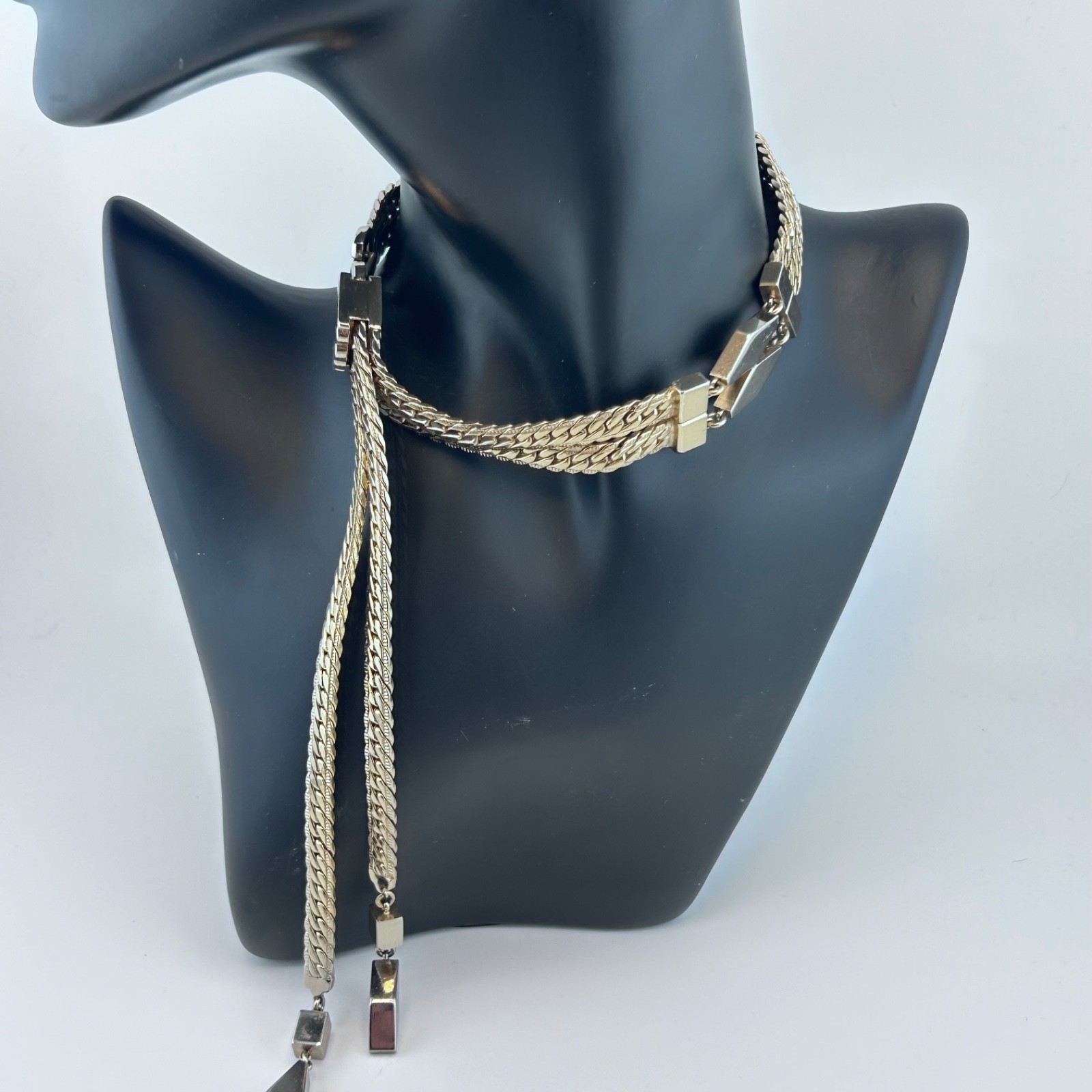Monet Vintage Gold tone Multi Strand Herringbone Geometric Drop Slide Choker