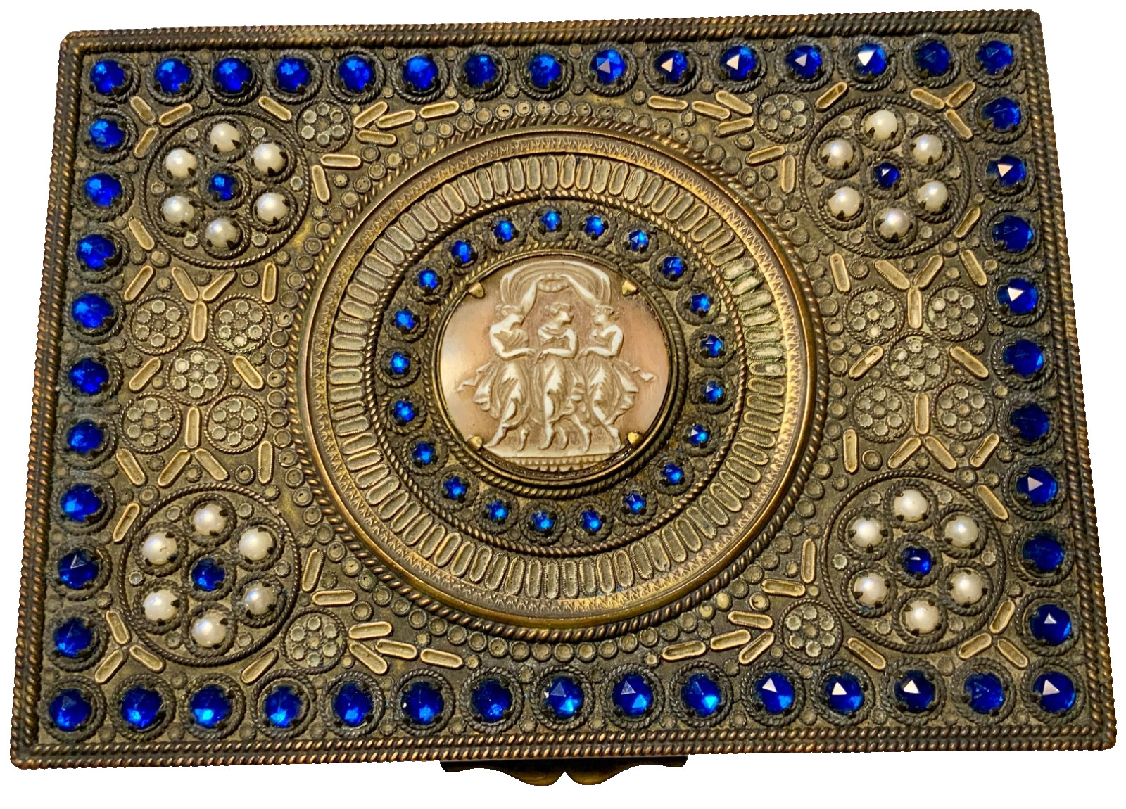 EXQUISITE Antique*FRENCH*BRASS* JEWELED*3 GRACES*ORNATE* CASKET VANITY Box