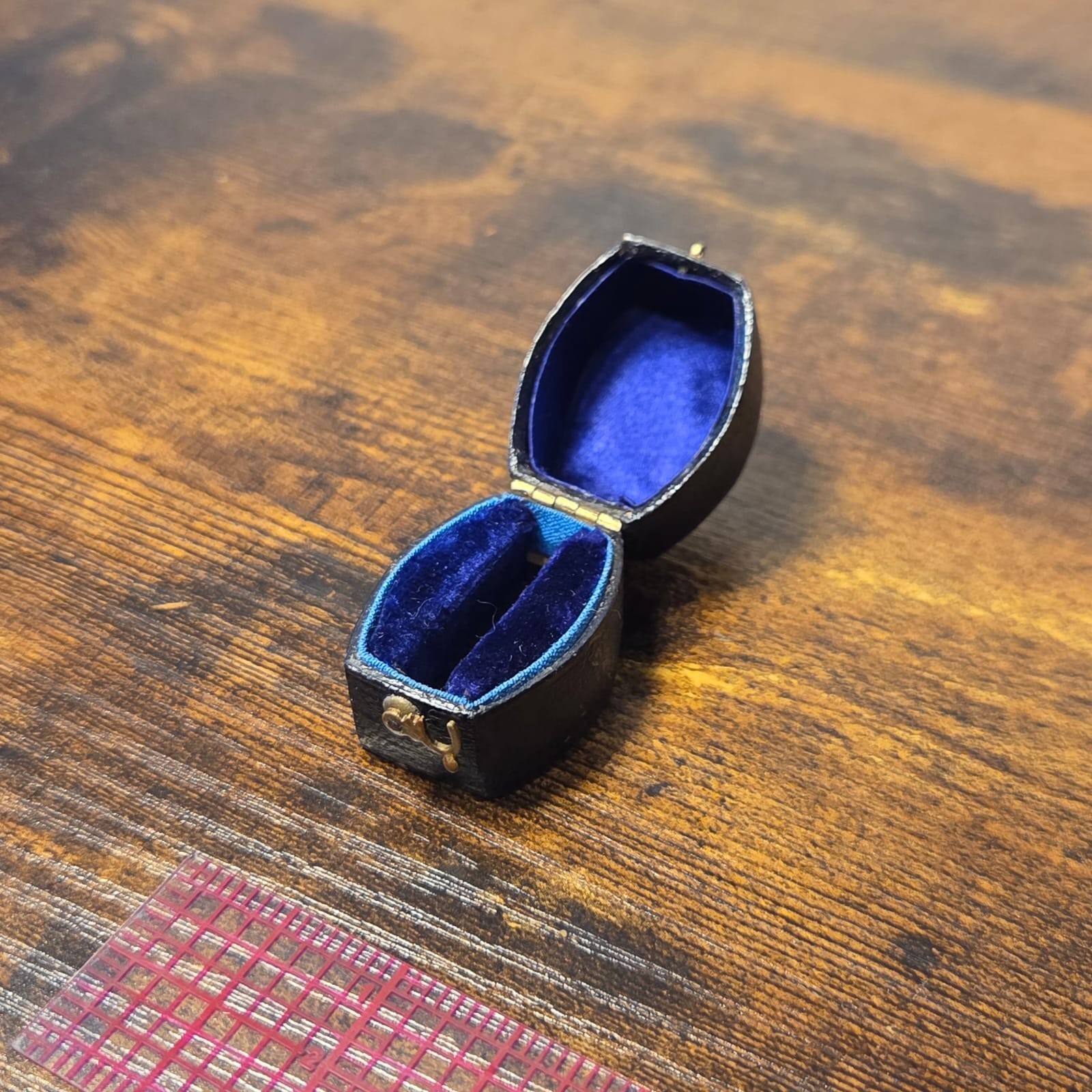 Antique Victorian Sarcophagus Ring Box Leather Royal Blue Velvet Engagement