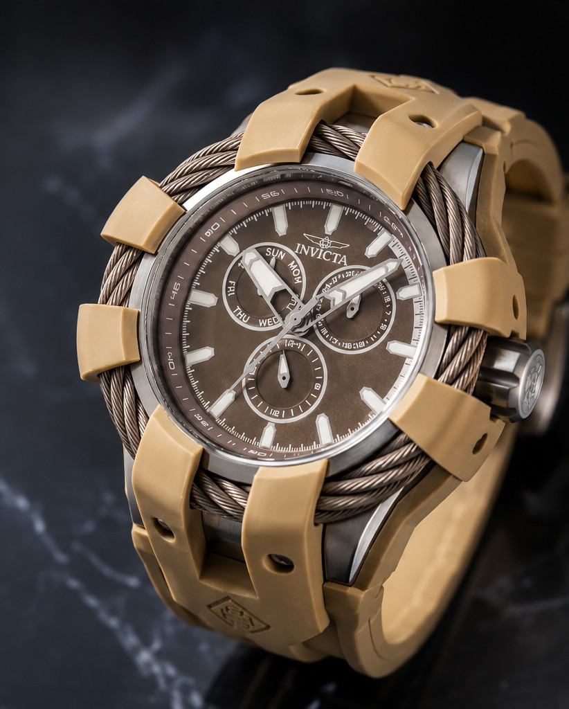 Invicta Bolt Shock 50mm Multi Dial Khaki Steel Tone Men's Watch New In Box