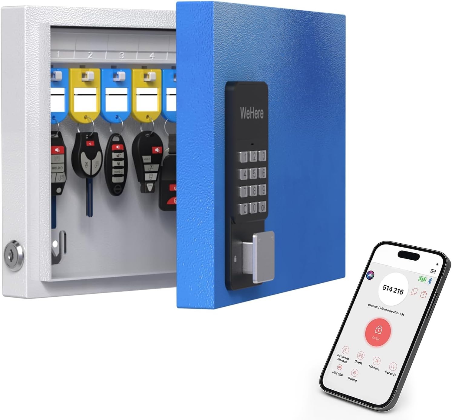 Wehere 16-Key Key Lock Box Wall Mount – Smart Key Cabinet with App, Keypad, Blue