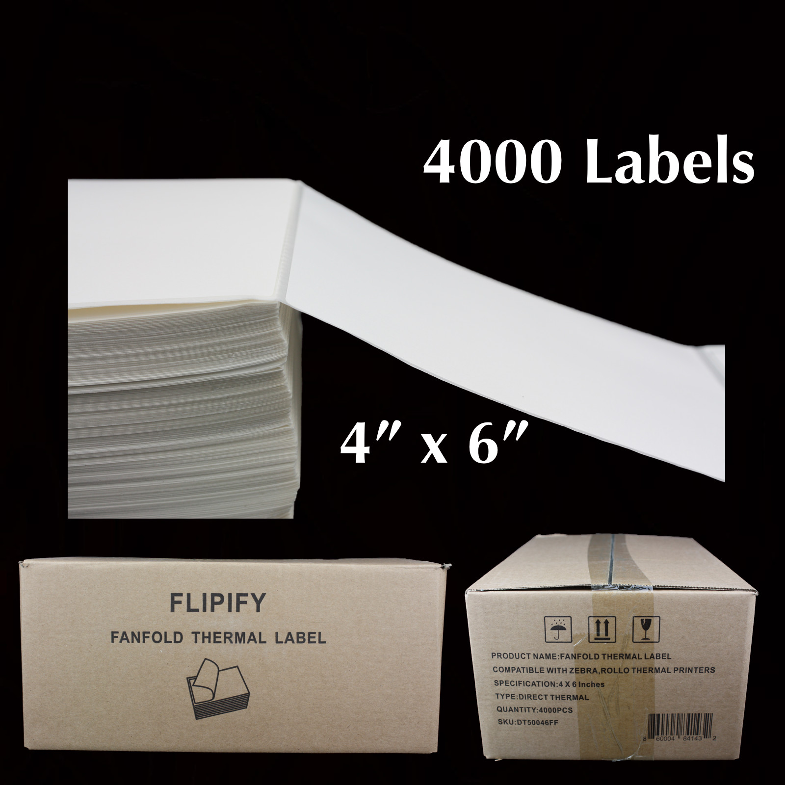 4000 4x6 Fanfold Direct Thermal Shipping Labels for Zebra & Rollo Printers 