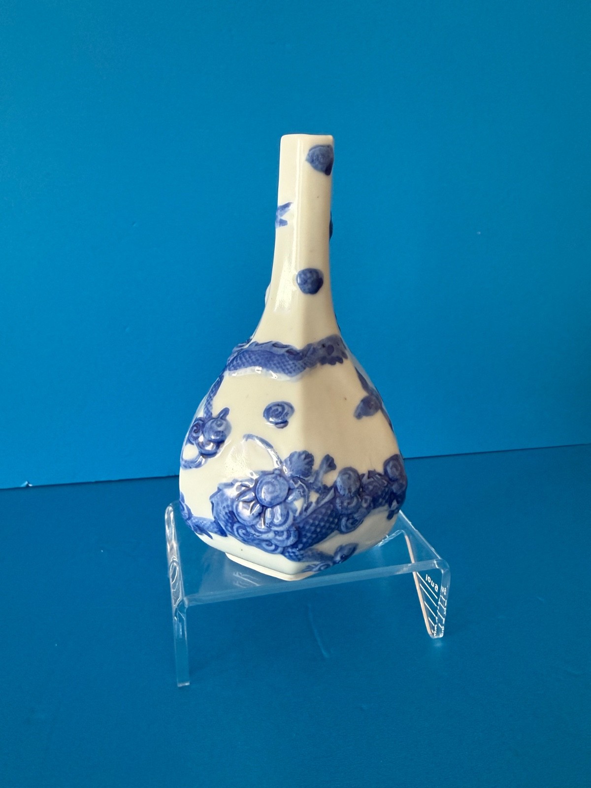 Antique Blue and White Hexagonal Porcelain Bottle Dragon Hand Painted Vase.