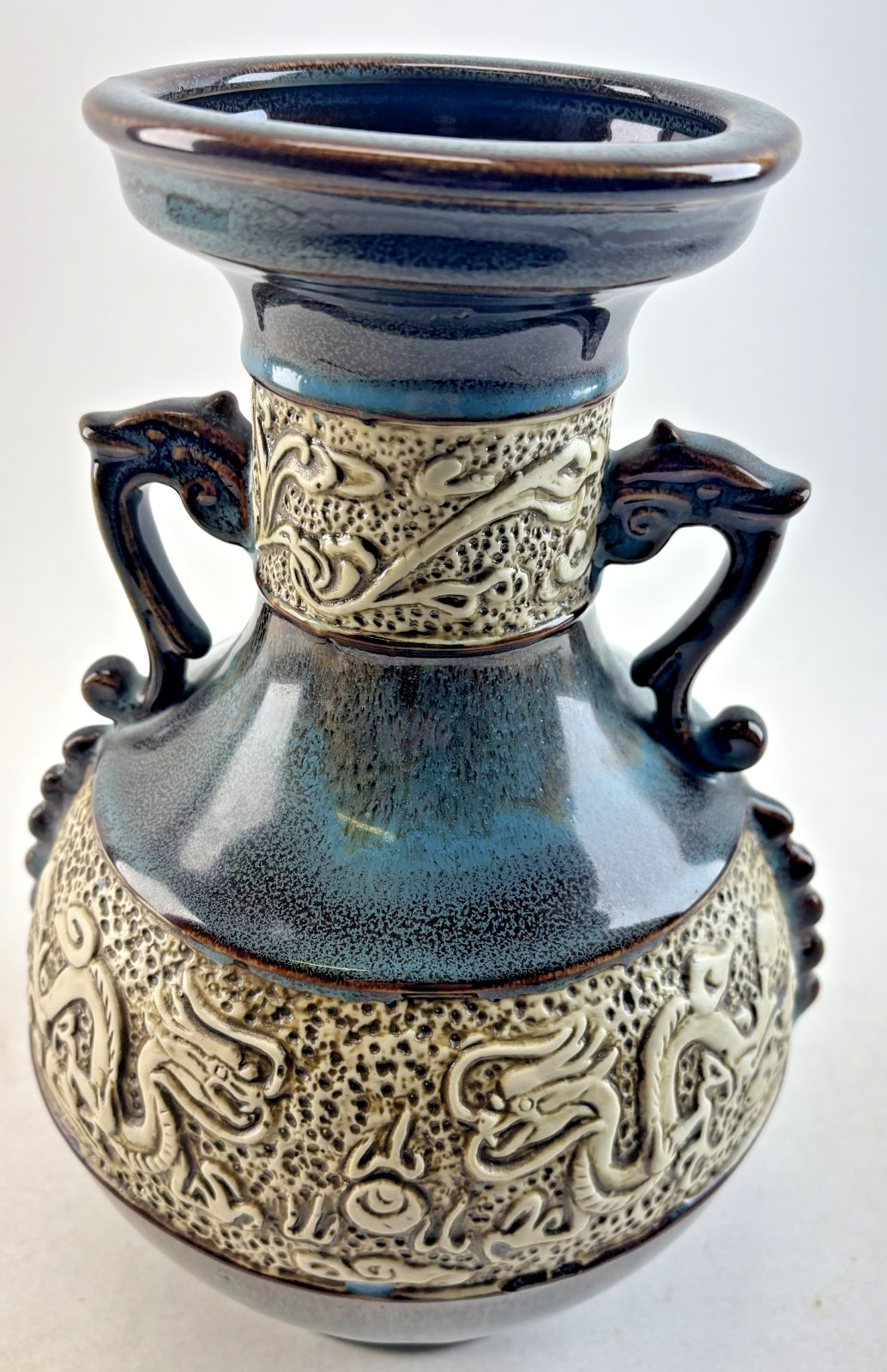 VINTAGE CHINESE CARVED RELIEF CLAWED DRAGON DRIP GLAZE POTTERY VASE URN 10