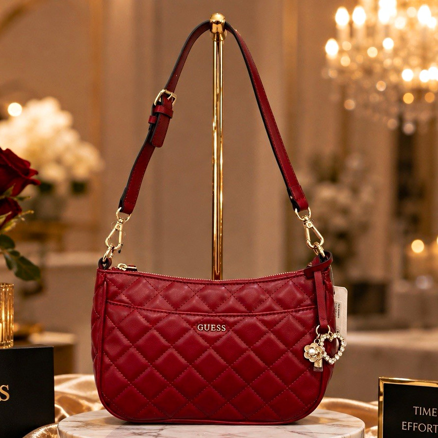GUESS Tinsley Red Quilted Shoulder Bag Purse Gold Charms NWT