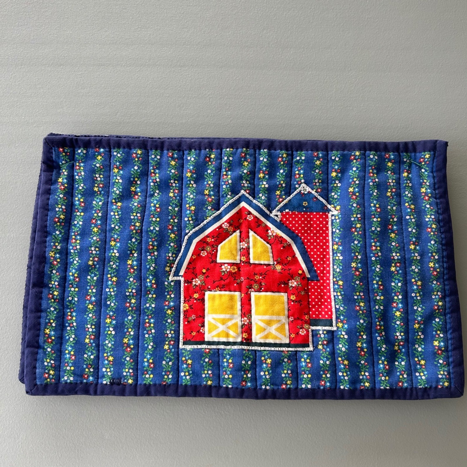 VTG Handmade Quilted Barn Placemat Blue Floral Farmhouse Decor Grandmacore
