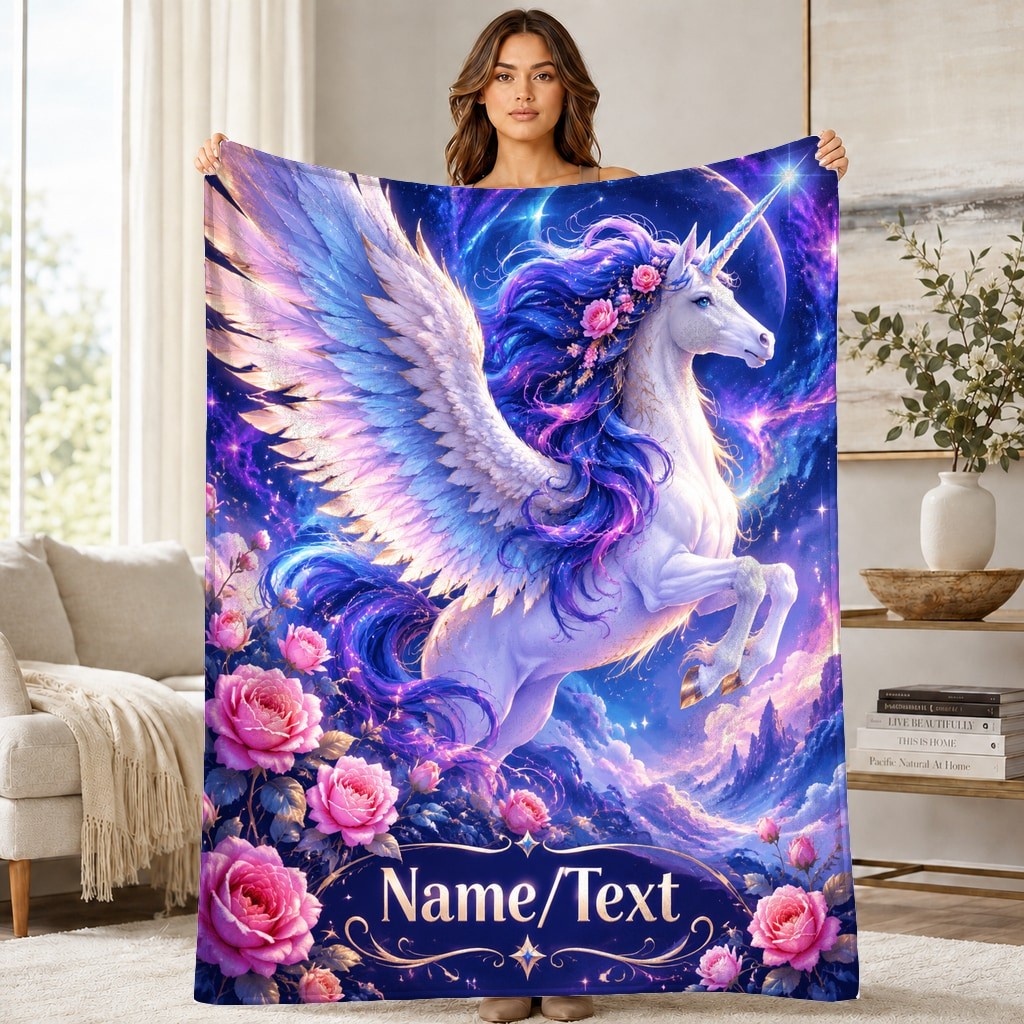 Personalized Celestial Rose Winged Unicorn Fleece Blanket