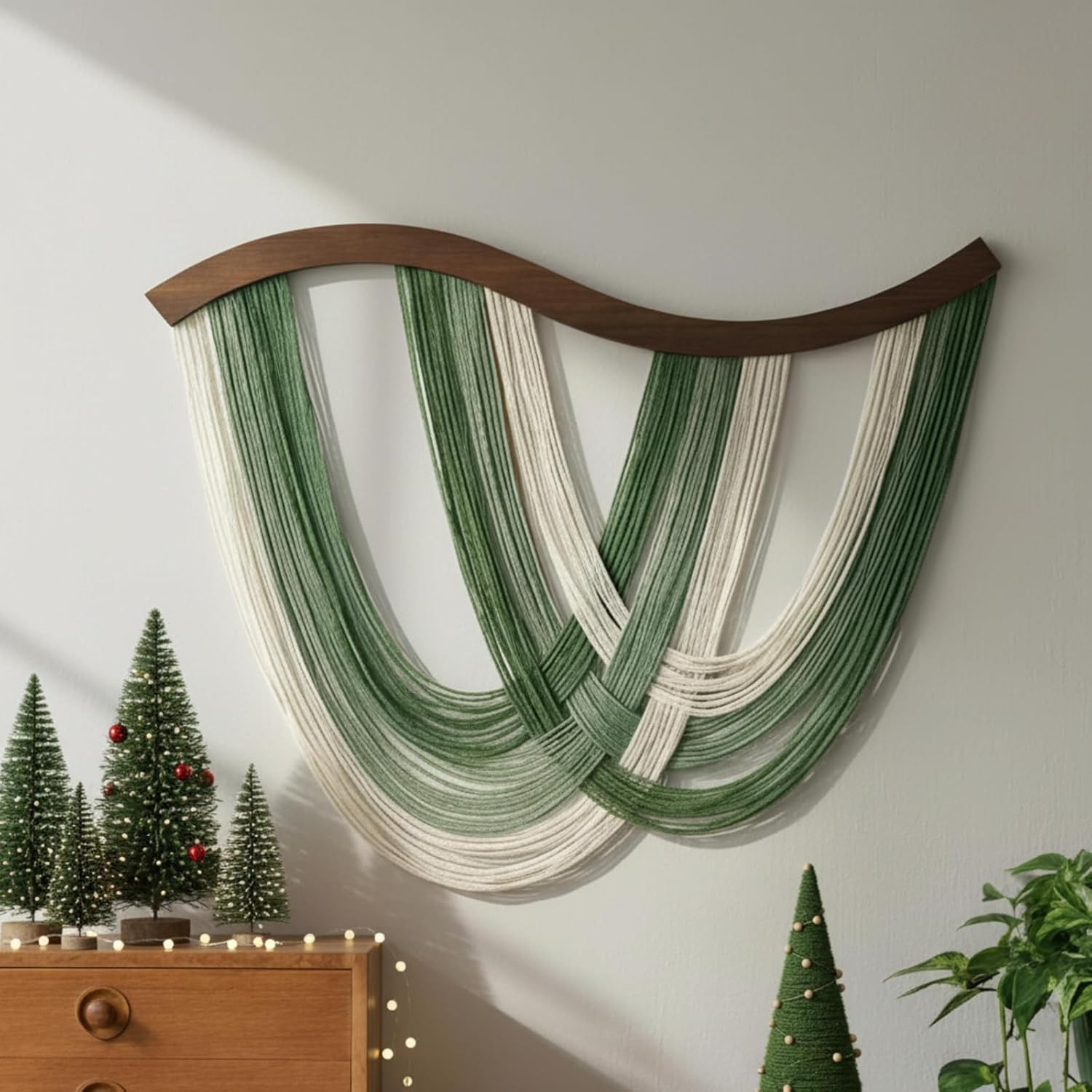 Green Macrame Wall Hanging Dip Dyed Yarn Wall Art, Modern Boho Decor